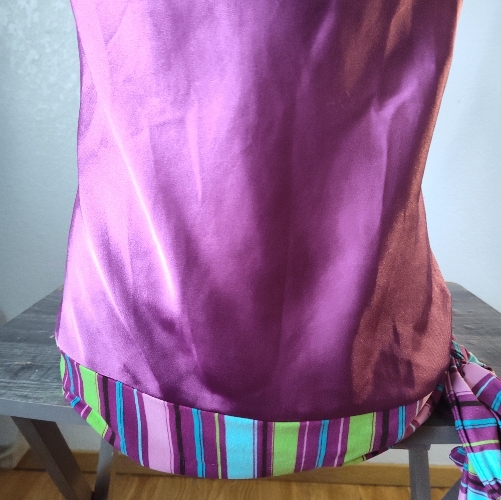 Bisou Bisou Purple Satin Camisole with Striped Hem - Picture 3 of 6